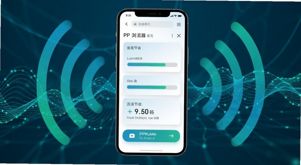 PP浏览器省流模式工作场景示意图，手机屏幕显示网页加载进度条与流量节省数据面板，背景为抽象网络信号波纹，画面色调以蓝绿为主，体现高效与节能