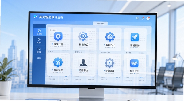 英克智达软件主界面展示，画面中央为软件功能模块图标整齐排列，背景为浅蓝色渐变商务风格，整体画面简洁明亮，突出智能办公氛围
