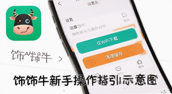 饰饰牛新手操作指引示意图,画面展示手机屏幕中饰饰牛APP的设置界面,高亮标注“仅WiFi下载”和“清理缓存”按钮,背景为简洁的白色,画面带有饰饰牛软件图标