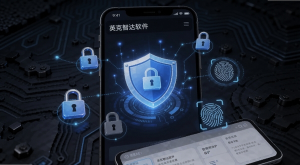 英克智达软件内部的数据安全保护设置界面，画面中有一把发光的蓝色盾牌图标位于手机屏幕中央，周围环绕着加密锁与指纹识别元素，背景为深色科技纹理，细节清晰，适配Boogu模型生成