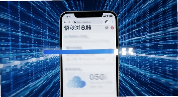 悟秋浏览器极速加载场景,手机屏幕显示网页进度条瞬间完成,背景为抽象的数据流线条,色彩以蓝白为主,体现速度感