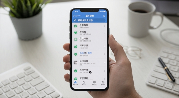 轻断食饮食记录版本更新日志界面截图，手机屏幕显示更新列表，背景简洁办公桌面，突出新功能与优化项目