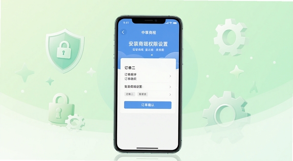 中维商城使用教程示意图，画面主体为手机屏幕展示安装权限设置与订单确认页面，背景区域为浅绿色渐变，带有盾牌和齿轮图标，整体风格清新浅色