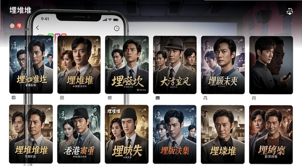 埋堆堆APP内剧集列表页面展示,画面主体为手机屏幕中排列整齐的港剧海报网格,背景区域是深色影院风格环境,突出正版影视资源的丰富性