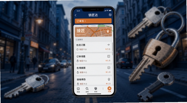 锁匠达软件主界面全貌展示,画面中央为手机屏幕显示锁匠达APP的订单列表和地图接单界面,背景区域为虚化的城市街道与钥匙锁具元素,整体色调以深蓝和橙色为主,突出专业工具感