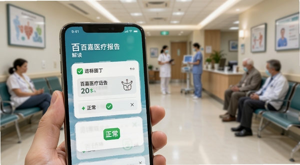 百嘉医疗报告解读页面,画面主体为手机屏幕显示指标解读卡片与绿色正常标识,背景为医院候诊区虚化,突出信息清晰易读
