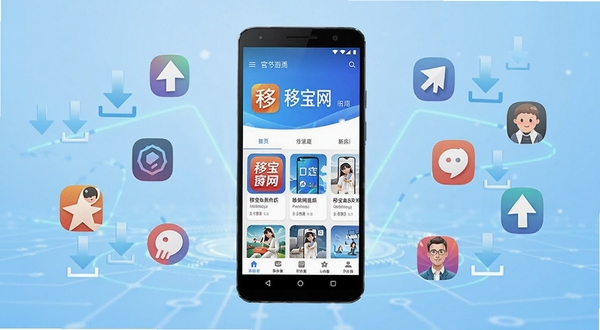 移宝网官方应用下载界面,画面中央展示一部安卓手机,手机屏幕上清晰呈现移宝网应用商店首页,背景为淡蓝色渐变科技风格,周围环绕各类应用图标和下载箭头,整体明亮简洁