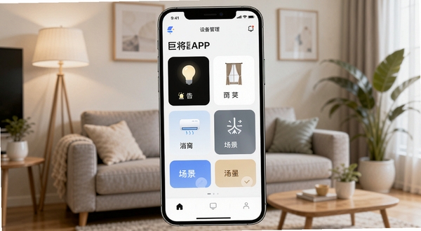 画面主体为一部竖屏智能手机居中放置，屏幕显示巨将智能APP的设备管理主界面，界面中有灯光、窗帘、空调等设备卡片与场景按钮；背景为温馨的现代客厅一角，沙发、落地灯、绿植虚化处理，整体色调明亮柔和，科技感与生活气息并存，高清细节，适合作为软件下载站文章配图