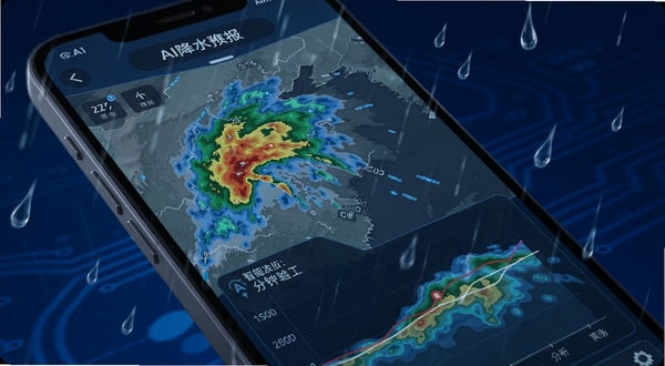 天气AI准报 AI降水预报界面特写,手机屏幕显示雷达回波图与分钟级降水曲线,画面中有雨滴动画效果,背景为深蓝色科技感渐变,突出AI智能分析的气象科技氛围