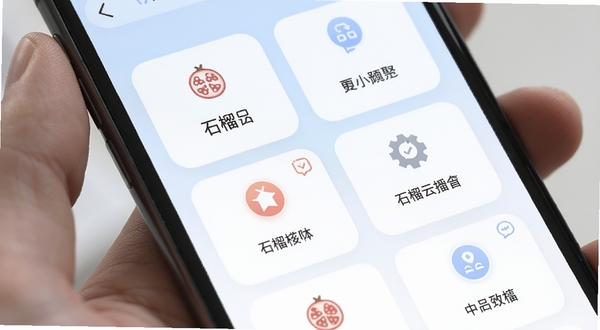 石榴云集聚合工具面板特写，手机屏幕内展示多个功能卡片整齐排列，卡片带有图标和简短文字标签，界面配色柔和，背景为淡蓝与白色渐变，画面清晰展现石榴云集的模块化设计风格