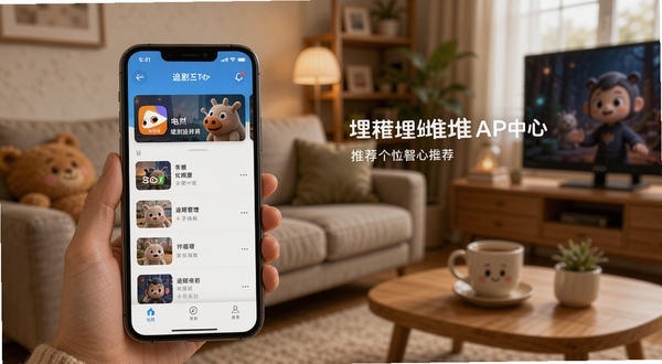 埋堆堆APP个人中心页面展示,画面主体为手机屏幕中显示追剧列表和推荐卡片,背景区域为温馨的家居环境,体现个性化推荐与追剧管理的便捷性