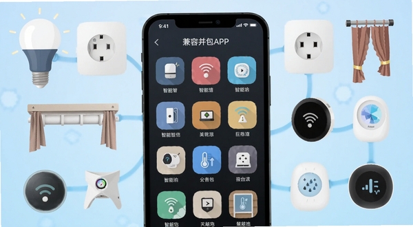 巨将智能APP界面中展示多种智能设备图标整齐排列，手机周围环绕着智能灯泡、智能插座、窗帘电机、温湿度传感器等实物元素，采用扁平化插画风格，背景为浅蓝色渐变，突出兼容并包的科技氛围，画面清晰干净