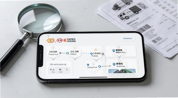 快递包裹寄收便捷查查询界面预览图，智能手机横屏展示聚合多家快递公司logo的查询结果页面，物流节点清晰标注时间地点，背景为浅灰色桌面配放大镜和快递面单，整体科技感十足