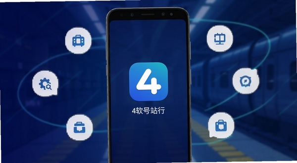 4号站台 软件启动界面 手机屏幕居中展示应用主图标与名称 背景为深蓝色科技感渐变 周围环绕轻量化的功能图标元素 整体风格简洁明快 适配安卓应用展示场景