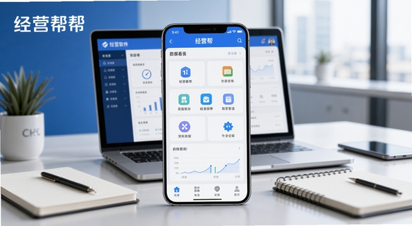 经营帮软件主界面全景展示，画面中央为手机屏幕呈现经营帮APP的数据看板与功能图标，背景为简洁的现代办公环境，桌面放置笔记本电脑与记事本，整体色调以蓝白为主，突出商务与高效氛围，画面包含经营帮文字标识
