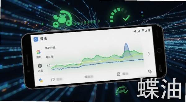 蝶油轻量运行流畅体验场景,画面展示一部安卓手机屏幕中蝶油应用界面流畅滑动,背景为抽象的数据流线条与绿色性能指示图标,突出轻快流畅的视觉感受,软件名称蝶油以水印形式出现在画面右下角