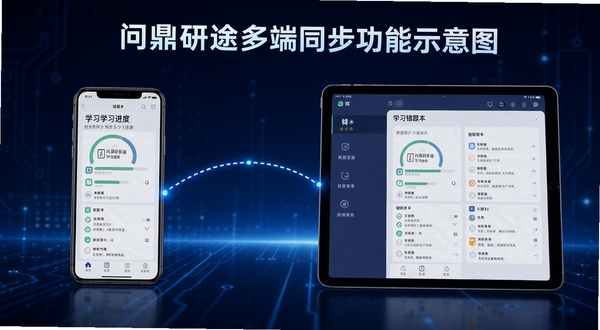问鼎研途多端同步功能示意图，画面左侧是一部手机，右侧是一台平板电脑，两者之间用发光的虚线连接，屏幕上分别显示相同的学习进度和错题本界面，背景为科技感十足的深蓝色，突出数据同步与便捷学习的主题