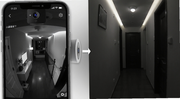 小翼监控智能看家高清夜视监控画面效果图,画面左侧为手机界面显示夜间黑白监控画面,右侧为实际家庭走廊暗光场景,对比清晰,强调夜视能力
