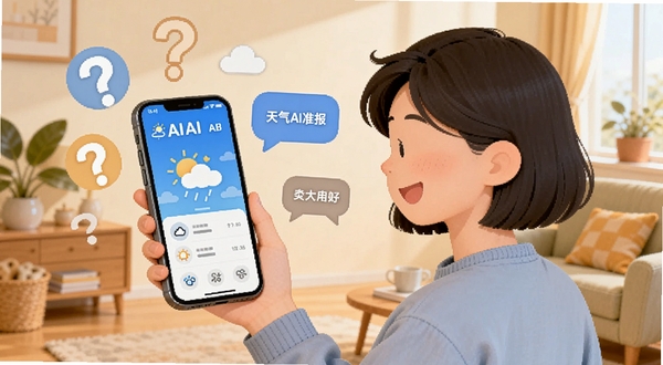 天气AI准报 用户问答场景插画,画面中一位年轻用户拿着手机查看天气AI准报,周围有问号和对话气泡,背景为温馨的居家环境,风格轻松友好,适合问答专区配图