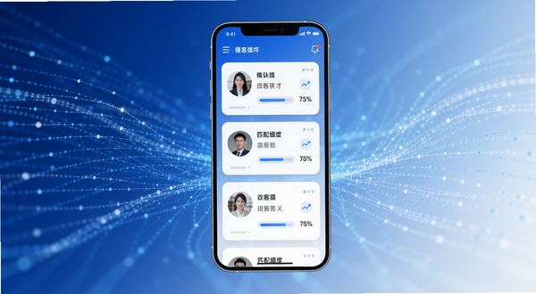 掮客匠才智能撮合匹配功能界面展示,手机屏幕中呈现多张用户名片与匹配度百分比,背景为数据流动的抽象线条,色调以蓝白为主,画面主体为手机特写位于中央,背景区域为科技感渐变光效,整体风格简洁现代