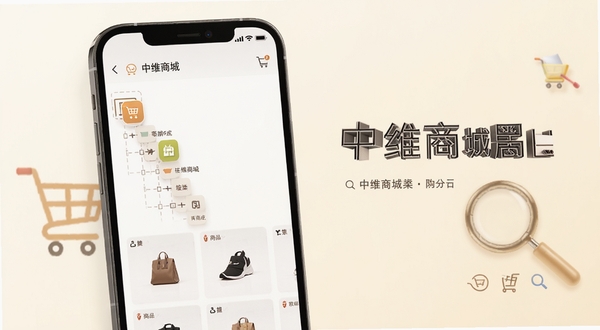 中维商城商品分类页面，画面主体为手机屏幕显示多层级分类图标与商品缩略图，背景区域为柔和的米白色调，带有购物车和放大镜元素，整体呈现简洁商务风格