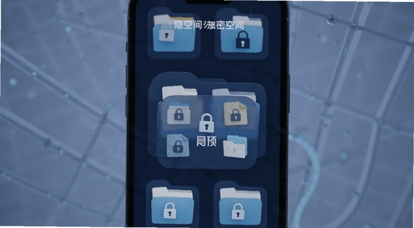 隐空间加密空间界面，手机屏幕显示加密文件夹内部结构，文件夹图标带锁形标识，背景为柔和深蓝色调，画面强调数据隔离与安全防护，适合Boogu模型生成