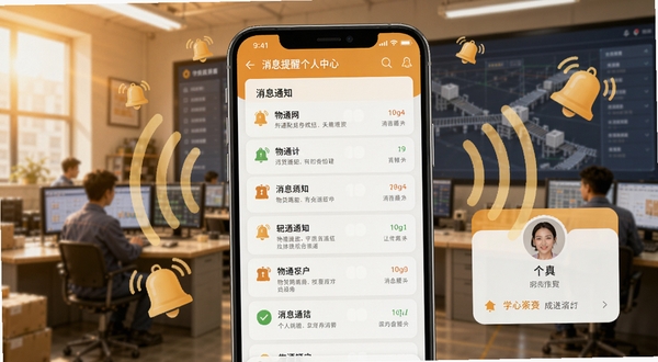 物通网配货经纪人消息提醒与个人中心界面,画面为手机屏幕展示消息通知列表与个人资料卡片,背景为物流调度室场景,屏幕周围有信号波纹与铃铛图标,整体色调温暖明亮,适配Boogu模型生成