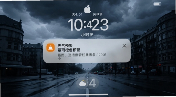 天气预报24小时预警推送界面,手机锁屏画面显示暴雨橙色预警通知,背景为乌云密布的城市街道,画面色调偏冷,突出预警的紧迫感与软件的实用性