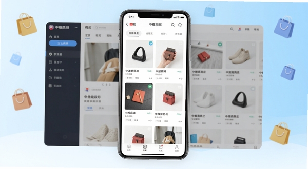 中维商城软件主界面全貌展示，画面中央为手机屏幕内呈现商城首页商品瀑布流，背景区域为浅蓝色渐变与购物袋图标点缀，整体风格清新明快，适配Boogu模型生成