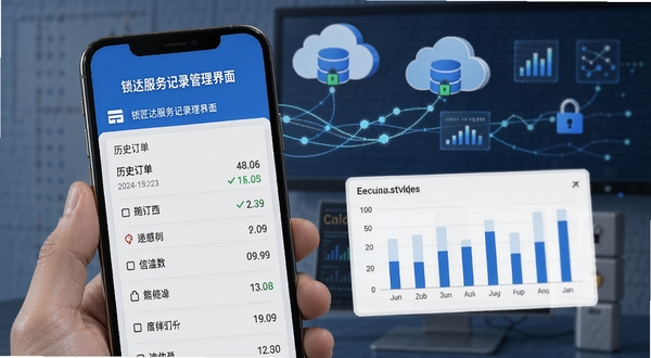 锁匠达服务记录管理界面展示,手机屏幕呈现历史订单列表和统计图表,背景为云端存储图标与数据线条,突出信息管理的便捷性