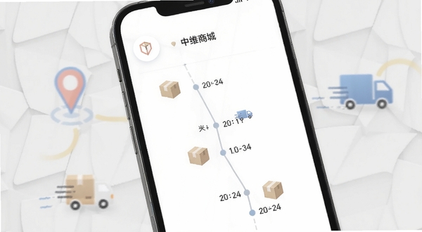中维商城订单物流追踪界面，画面主体为手机屏幕展示物流时间轴与包裹运输图标，背景区域为淡灰色几何纹理，带有定位和货车元素，整体风格素雅极简