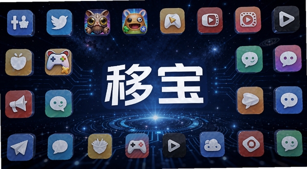 移宝网海量应用资源库展示,画面中心为移宝网标志,四周漂浮着各类应用图标如社交、游戏、办公、影音等,背景为深蓝色星空科技感,图标排列整齐有序