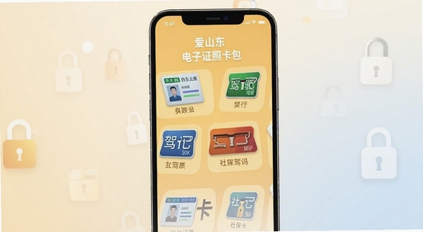 爱山东 电子证照 卡包 界面 身份证 驾驶证 社保卡 图标 整齐 排列 手机 屏幕 中 背景 为 浅色 渐变 安全 锁 图标 点缀 清晰 明亮