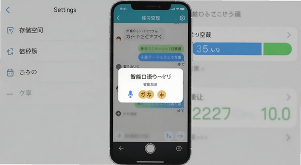 日语智能口语移动端操作界面截图，画面展示手机屏幕内对话练习页面与麦克风权限弹窗，背景为简洁的灰色设置菜单与存储空间条，适配Boogu模型生成