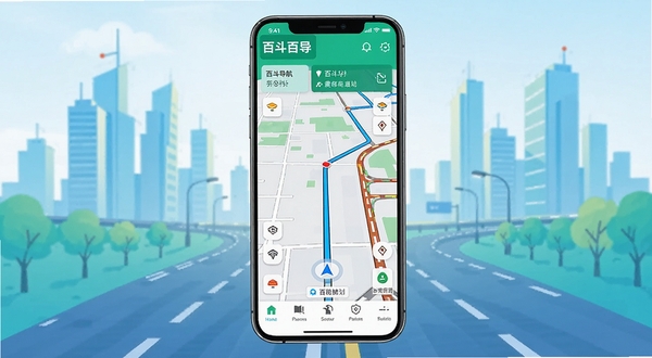 百斗导航手机应用界面全貌展示，画面中央为手机屏幕显示百斗导航地图主界面，包含路线规划与实时路况信息，背景为城市道路与建筑轮廓的抽象化处理，整体色调清新明亮，突出导航软件的科技感与实用性