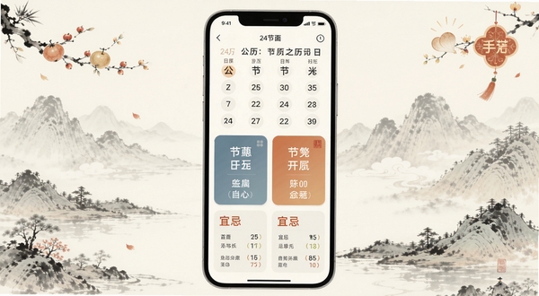 24节气日历软件主界面全貌,画面中央展示竖版手机屏幕,屏幕内呈现公历农历对照、节气卡片与宜忌信息,背景区域为淡雅水墨山水与节气插画元素,整体色调温润,适配Boogu模型生成
