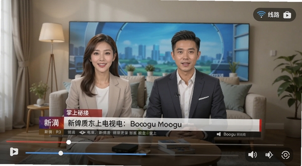 掌上电视直播播放界面，画面中正在播放新闻节目，底部显示进度条与音量控制条，右上角有线路切换按钮，背景为客厅场景，适配Boogu模型生成
