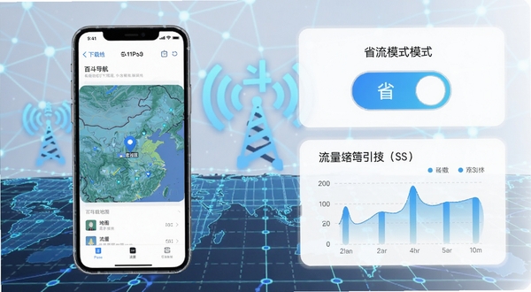 百斗导航离线地图与省流模式示意图，画面左侧为手机显示离线地图下载管理界面，右侧为省流模式开关与流量统计图表，背景为抽象化的网络信号与地图网格，整体风格简洁科技感强