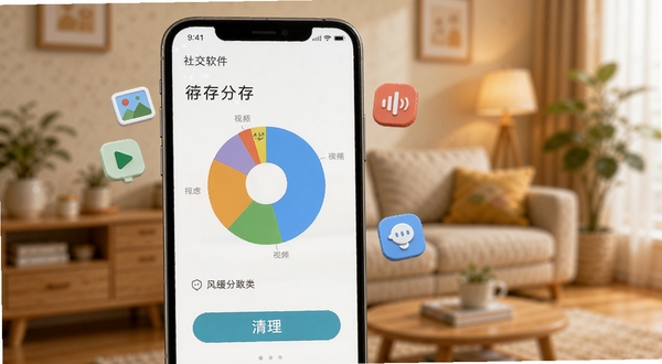 无虑免费清理助手微信专清功能展示,手机屏幕显示社交软件缓存分类饼状图和清理按钮,背景为温馨的居家环境虚化效果,画面中有代表图片、视频、语音的微型图标漂浮,突出社交缓存管理的便捷性