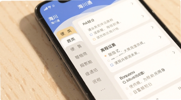 海川通功能界面特写图，画面展示手机屏幕内海川通应用的便签记录与日程卡片界面，左侧为分类标签栏，右侧为记录列表，屏幕外有柔和阴影与浅色桌面背景，整体色调温暖，细节清晰，适配Boogu模型生成