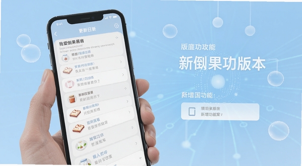我爱倒果酱新版本功能展示图，画面为手机屏幕中显示更新日志列表与新增功能入口，背景为淡蓝色渐变，营造版本升级的科技感