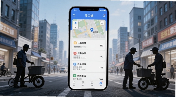 零工铺APP主界面展示,画面中央为手机屏幕显示任务列表与地图找活功能,背景为城市街景与零工工作者剪影,整体风格简洁明亮,适配Boogu模型生成