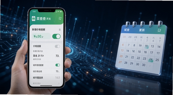 菜查查最新版本更新功能展示,手机屏幕显示新增价格提醒开关与城市覆盖列表,背景为科技感数据流与日历元素,风格现代简洁,突出菜查查版本迭代。