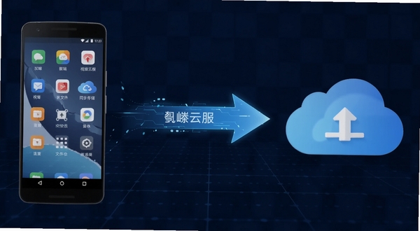 视嵘云服多端文件同步功能展示，画面左侧为安卓手机，右侧为云端存储图标，中间用发光箭头连接表示数据传输，背景为深蓝色科技网格，整体风格简洁专业