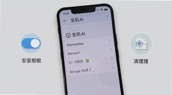 一部安卓手机屏幕显示玄玑AI设置页面，旁边有权限开关图标和存储清理图标，背景为浅灰色，画面风格简洁直观，突出安装权限与存储管理主题
