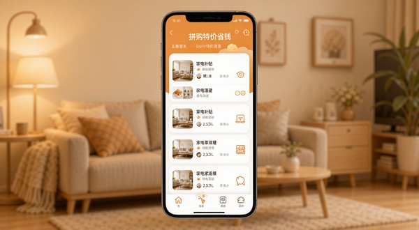 拼购特价省钱 软件主界面 手机屏幕居中展示 家电补贴列表 暖色调背景 简约现代风格 细节清晰