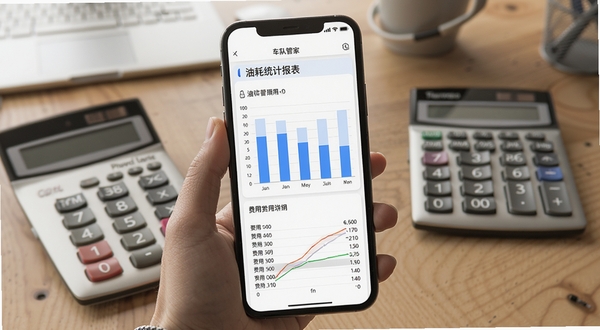 车队管家 油耗统计报表页面，手机屏幕展示柱状图与费用明细，背景为办公桌面与计算器