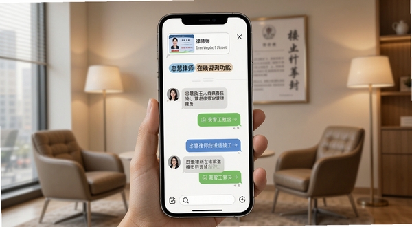 忠慧律师在线咨询功能界面,手机屏幕中显示用户与律师的图文对话窗口,顶部有律师执业证标识与擅长领域标签,背景是简约的律师事务所洽谈室,暖色灯光,画面突出沟通便捷与专业感