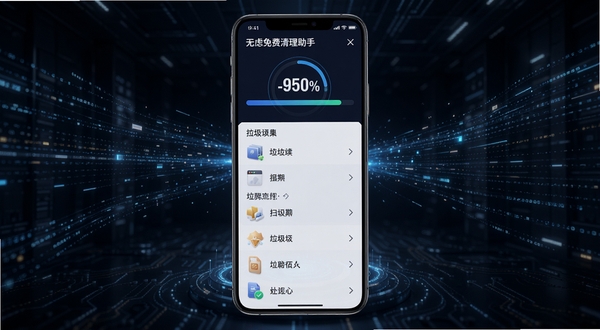 无虑免费清理助手深度扫描功能界面,手机屏幕显示扫描进度百分比和各类垃圾文件分类列表,背景为深色科技感空间,有数据流线条穿梭,画面强调智能扫描引擎的高速运转与精准识别能力