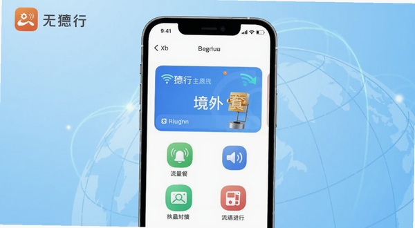 无忧行应用主界面展示，画面中央为手机屏幕内呈现境外流量套餐卡片与通讯功能图标，背景为浅蓝色渐变与地球经纬线元素，整体风格清爽科技感，突出无忧行品牌标识，适配Boogu模型生成